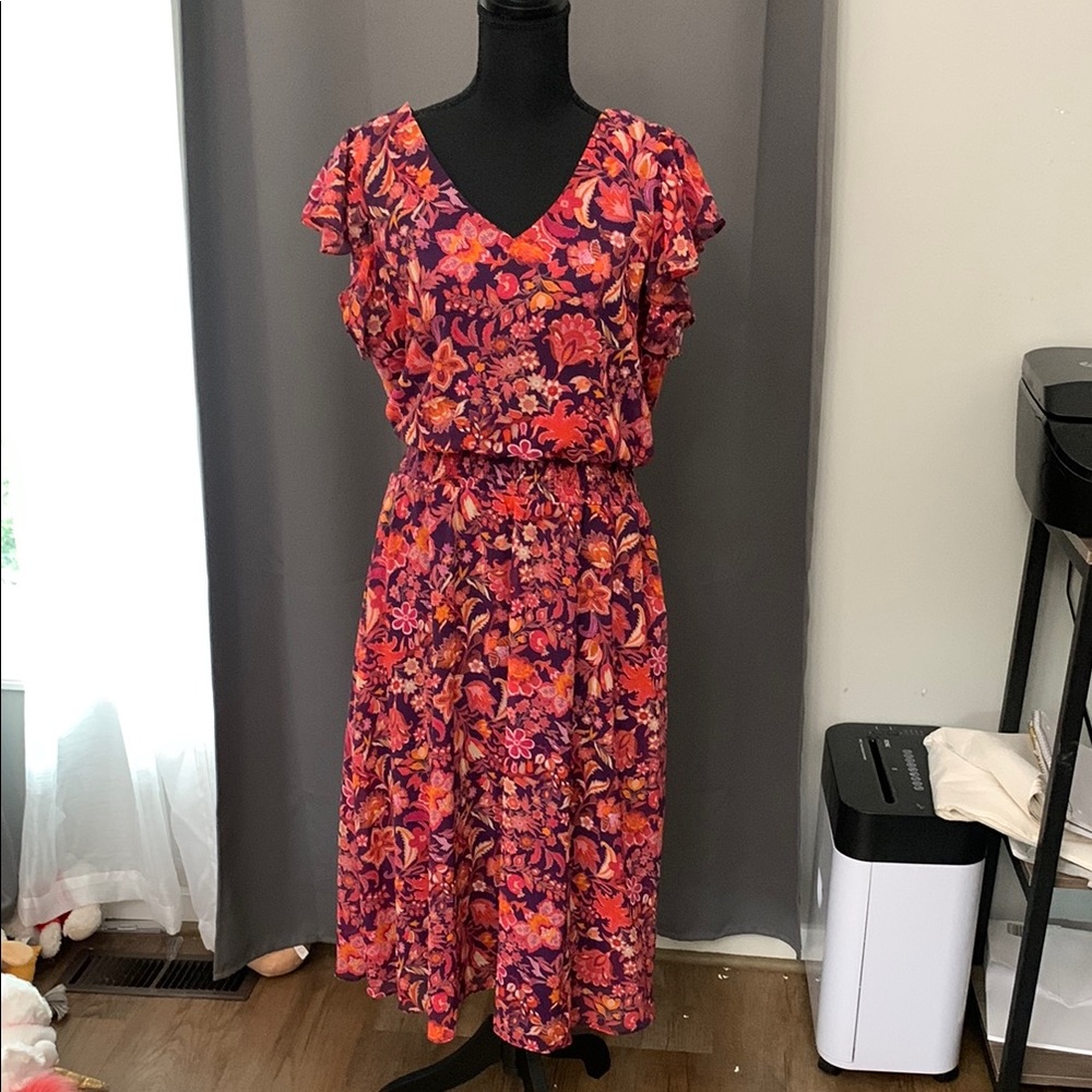MSK Pink and Red V-Neck Midi Sundress